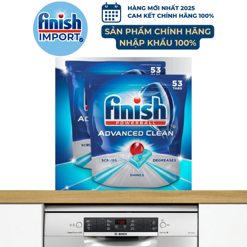 Túi 53 viên rửa chén Finish Quantum Ultimate Advanced Clean - HÀNG MỚI VỀ (Sản xuất mới 2021) – (Dành cho máy rửa chén 13-15 bộ).